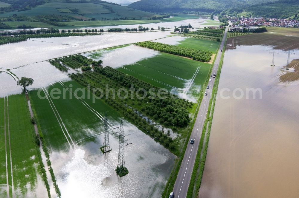 Aerial image Witzenhausen - Water flooded fields along the road L3464 in Witzenhausen in Hesse