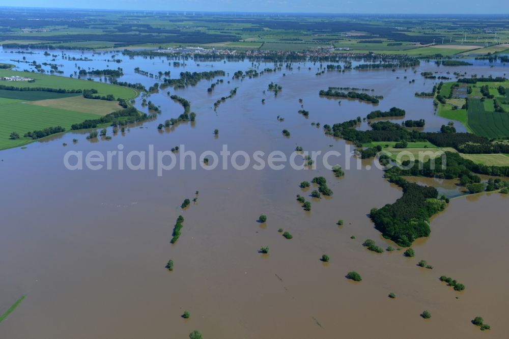 Schützberg from above - Flooded landscape with flood level - situation by flooding, dam failure, and crossing the River Elbe at Schützberg in Saxony-Anhalt