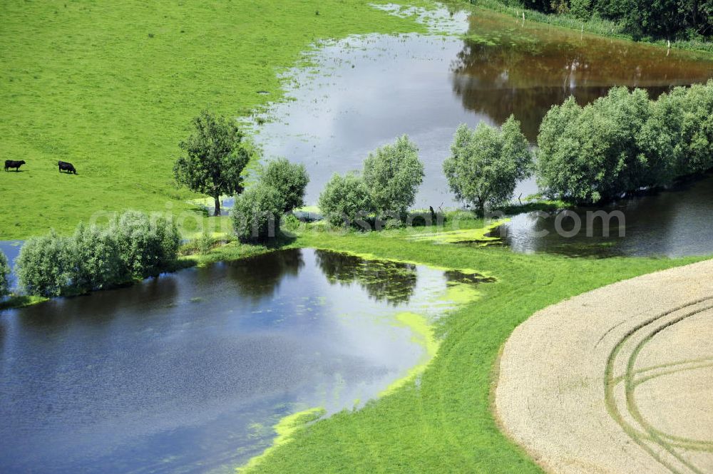 Poggelow from above - Überflutung von Feldern und Wiesen in Mecklenburg-Vorpommern. Flooding of meadows and fields in Mecklenburg-Western Pomerania.