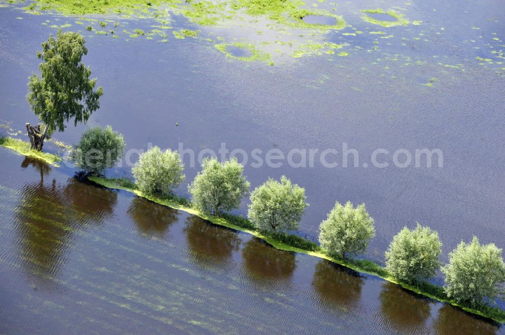 Aerial image Poggelow - Überflutung von Feldern und Wiesen in Mecklenburg-Vorpommern. Flooding of meadows and fields in Mecklenburg-Western Pomerania.