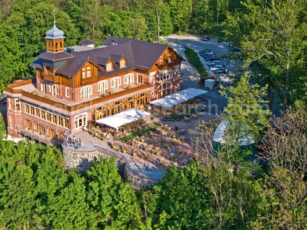 Löbau from above - Hotel / Restaurant / Berg-Gasthof Honigbrunnen in Löbau auf dem s.g. Balkon der Oberlausitz in Sachsen. Hotel / Restaurant / Mountain Inn Honigbrunnen Löbau in so-called Balcony of Upper Lusatia in Saxony.