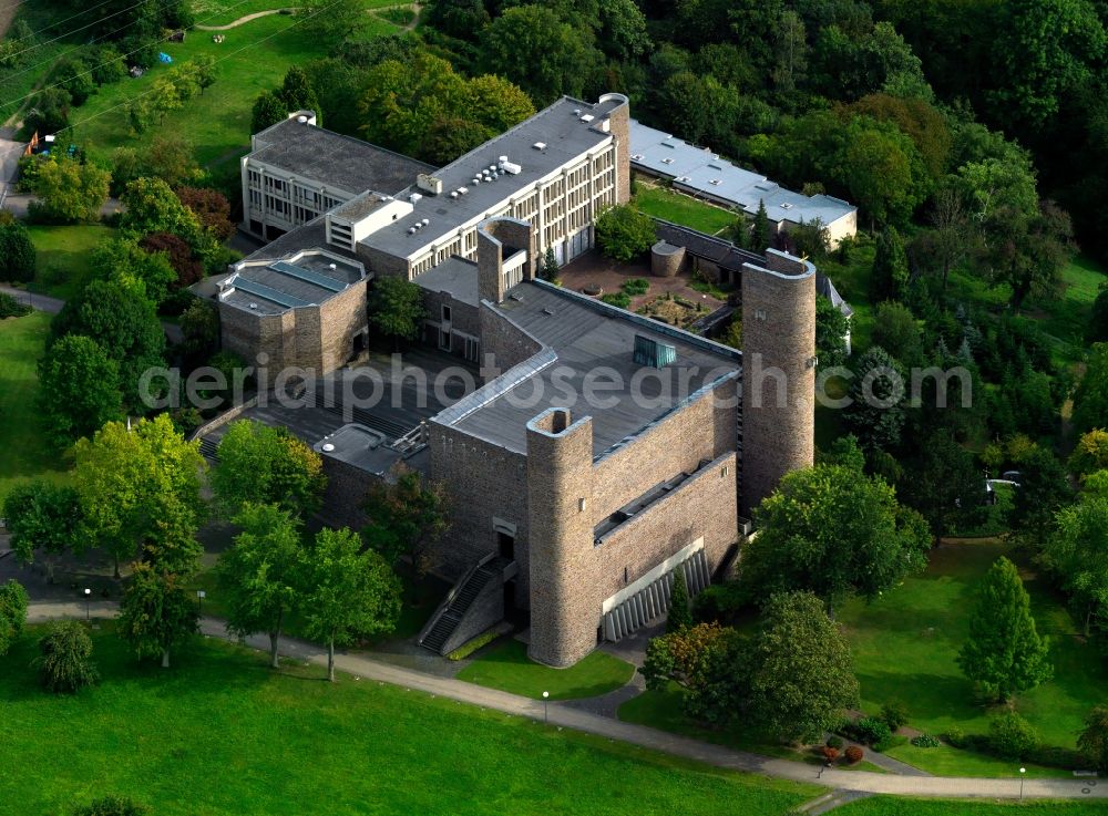 Aerial image Vallendar - Schoenstatt Mountain in Vallendar in the state Rhineland-Palatinate. Several educational facilities and the church building of the Schoenstatt Movement are located on a hill in the North of Vallendar. The architectural important brown compound is surrounded by forest and woods