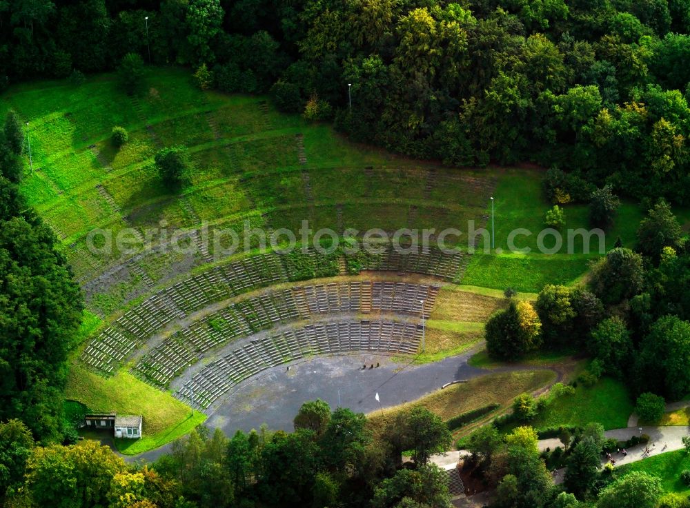 Aerial image Vallendar - Schoenstatt Mountain in Vallendar in the state Rhineland-Palatinate. Several educational facilities and the church building of the Schoenstatt Movement are located on a hill in the North of Vallendar. The compound includes an amphitheater with step-like seats on a slope