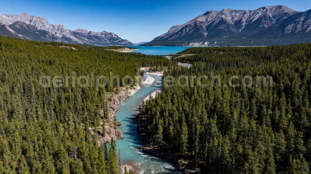 Aerial image Cline River - Valley landscape surrounded by mountains on river course Cline River with Abraham Lake on street David Thompson Highway in Cline River in Alberta, Canada