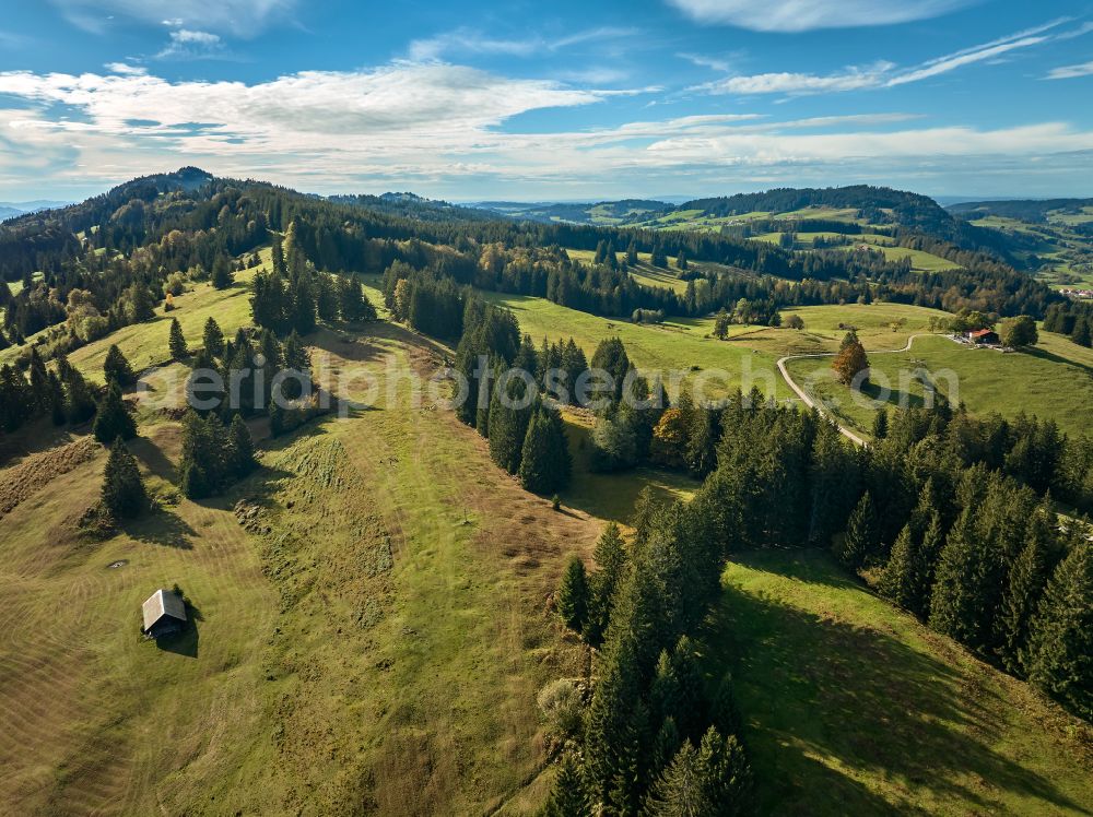 Aerial photograph Missen im Allgäu - Valley landscape surrounded by mountains with forests and pastures near Missen in Allgaeu Allgaeu in the state of Bavaria, Germany