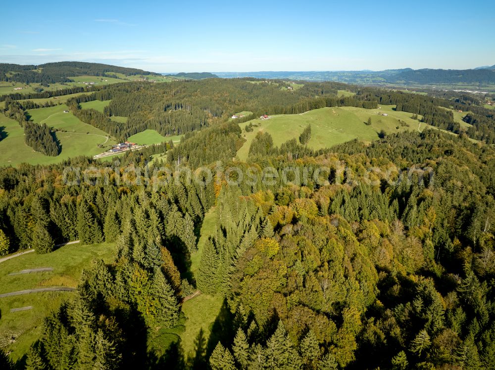 Missen im Allgäu from above - Valley landscape surrounded by mountains with forests and pastures near Missen in Allgaeu Allgaeu in the state of Bavaria, Germany