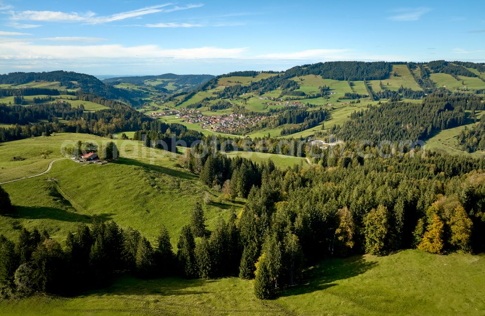 Missen im Allgäu from the bird's eye view: Valley landscape surrounded by mountains with forests and pastures near Missen in Allgaeu Allgaeu in the state of Bavaria, Germany