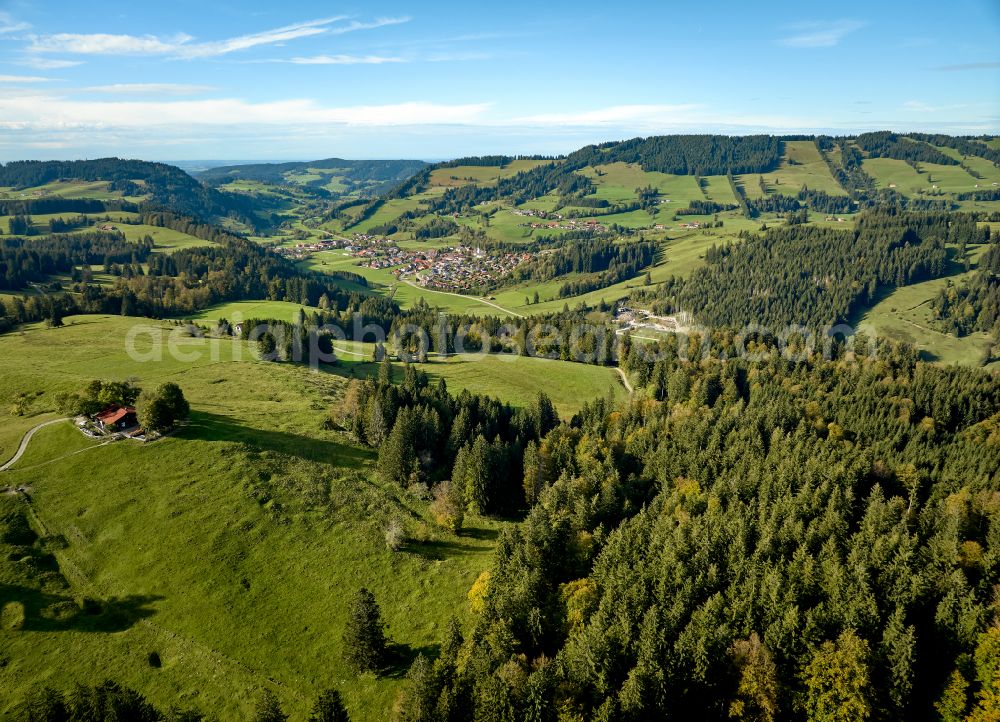 Aerial image Missen im Allgäu - Valley landscape surrounded by mountains with forests and pastures near Missen in Allgaeu Allgaeu in the state of Bavaria, Germany