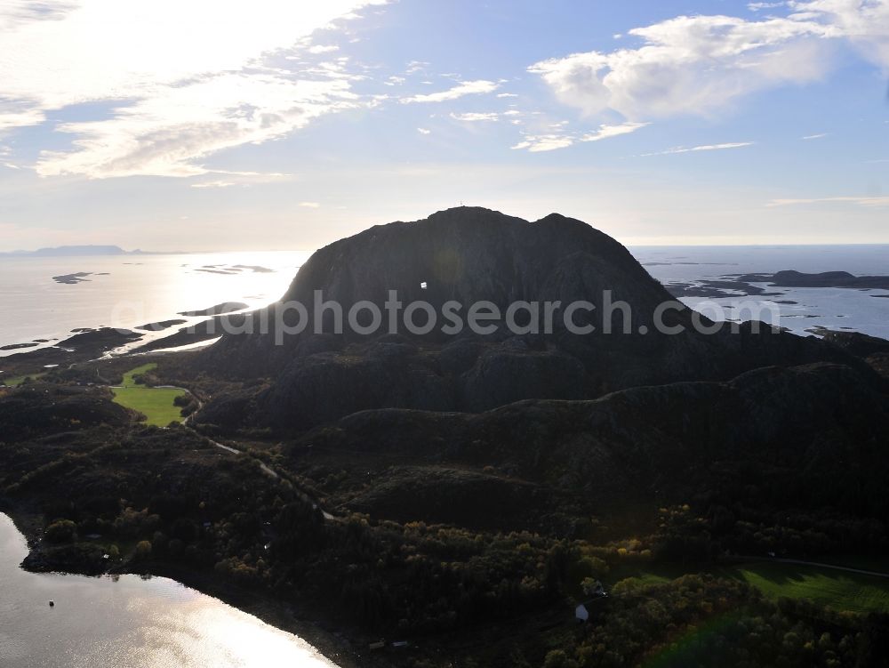 Bronnoysund from the bird's eye view: View of the mountain Torghatten near Bronnoysund in the provinz of Nordland in Norway