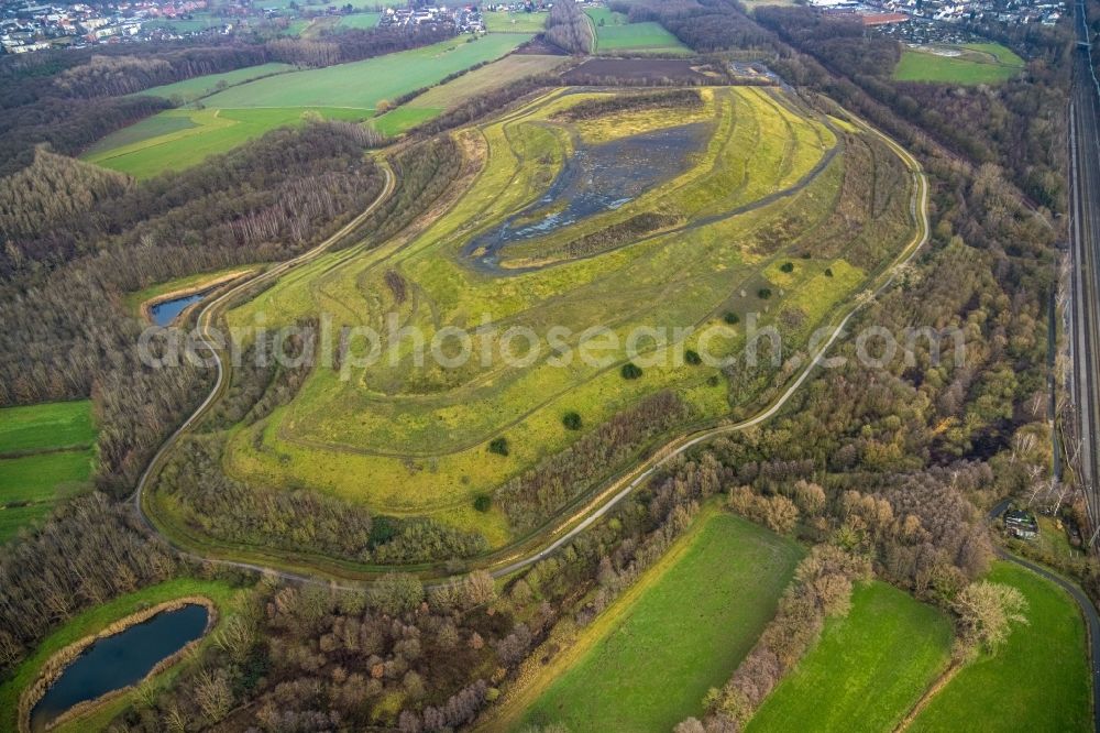 Pelkum from above - Layers of a mining waste dump Baerbel-Park in Pelkum at Ruhrgebiet in the state North Rhine-Westphalia, Germany