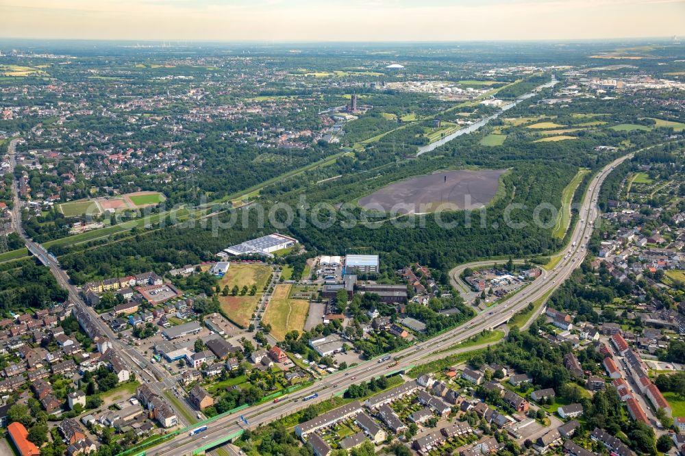 Essen from above - Layers of a mining waste dump Schurenbachhalde Nordsternstrasse in Essen in the state North Rhine-Westphalia