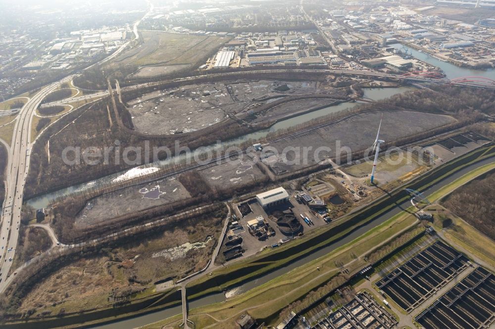 Aerial photograph Bottrop - Layers of a mining trunk at the Sturmshof in an industrial and commercial area with coal reserves in Bottrop in the state of North Rhine-Westphalia - NRW, Germany