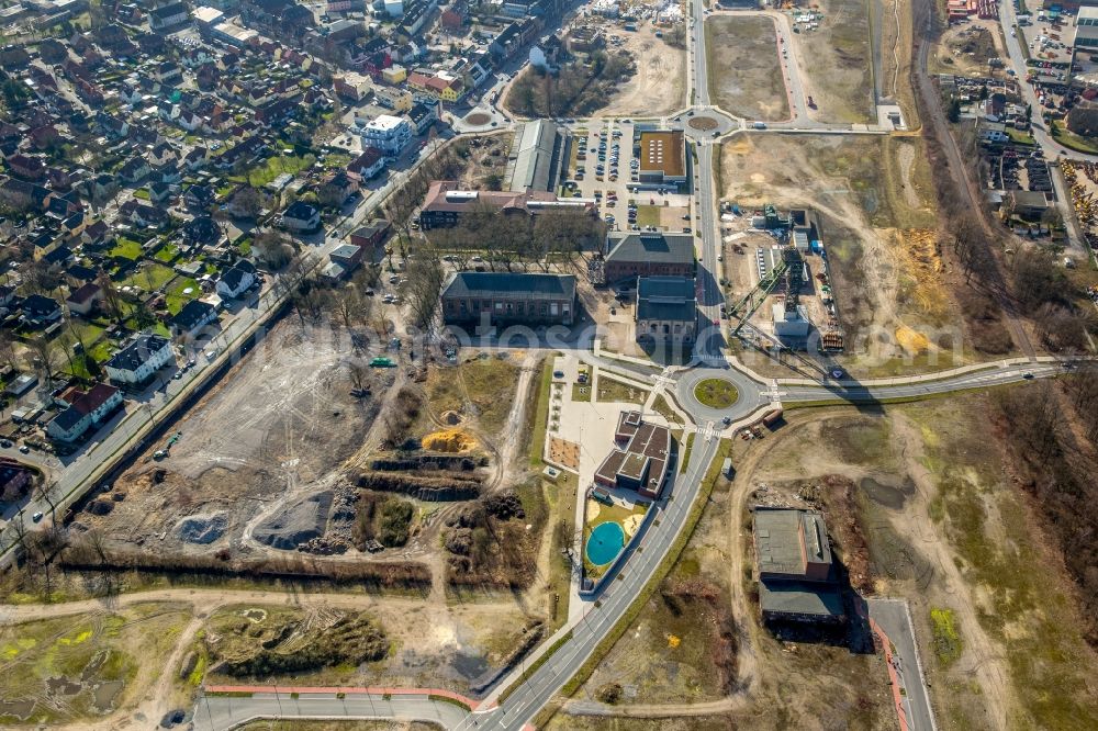 Aerial image Dorsten - Conveyors and mining pits at the headframe Fuerst Leopold in the district Hervest in Dorsten in the state North Rhine-Westphalia, Germany