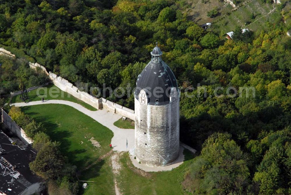 Freyburg/Unstrut from above - Blick auf den Bergfried Dicker Wilhelm des Schloss Neuenburg. Mit hoher Wahrscheinlichkeit wurde der Turm in der Mitte oder der zweiten Hälfte des 12. Jahrhunderts errichtet und diente als Sitz der Burggrafen von der Neuenburg. Aufgrund der Innenausstattung ist er eher als Wohnturm denn als reiner Bergfried anzusehen. Anschrift: Stiftung Dome und Schlösser in Sachsen-Anhalt, Museum Schloss Neuenburg, Schloss 1, 06632 Freyburg (Unstrut); Tel.: 034464-35530