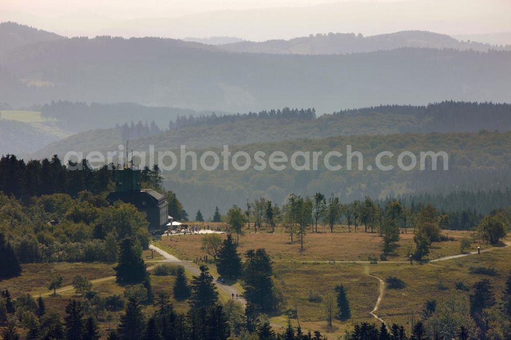 Aerial photograph Winterberg - Der Berggasthof Kahler Asten auf dem gleichnamigen Berg im Hochsauerland bei Winterberg, Nordrhein-Westfalen. Es beinhaltet neben einem Turmrestaurant und dem Hotel auch ein Standesamt. Mountain inn Kahler Asten at Winterberg, Nordrhein-Westfalen. It consists of the hotel, the restaurant and a register office.