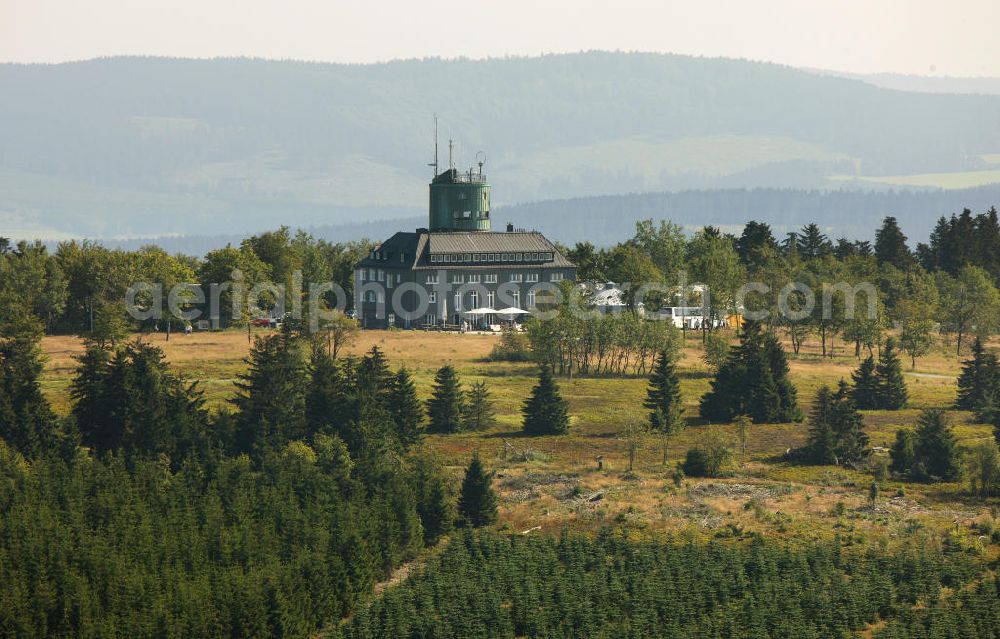 Winterberg from the bird's eye view: Der Berggasthof Kahler Asten auf dem gleichnamigen Berg im Hochsauerland bei Winterberg, Nordrhein-Westfalen. Es beinhaltet neben einem Turmrestaurant und dem Hotel auch ein Standesamt. Mountain inn Kahler Asten at Winterberg, Nordrhein-Westfalen. It consists of the hotel, the restaurant and a register office.