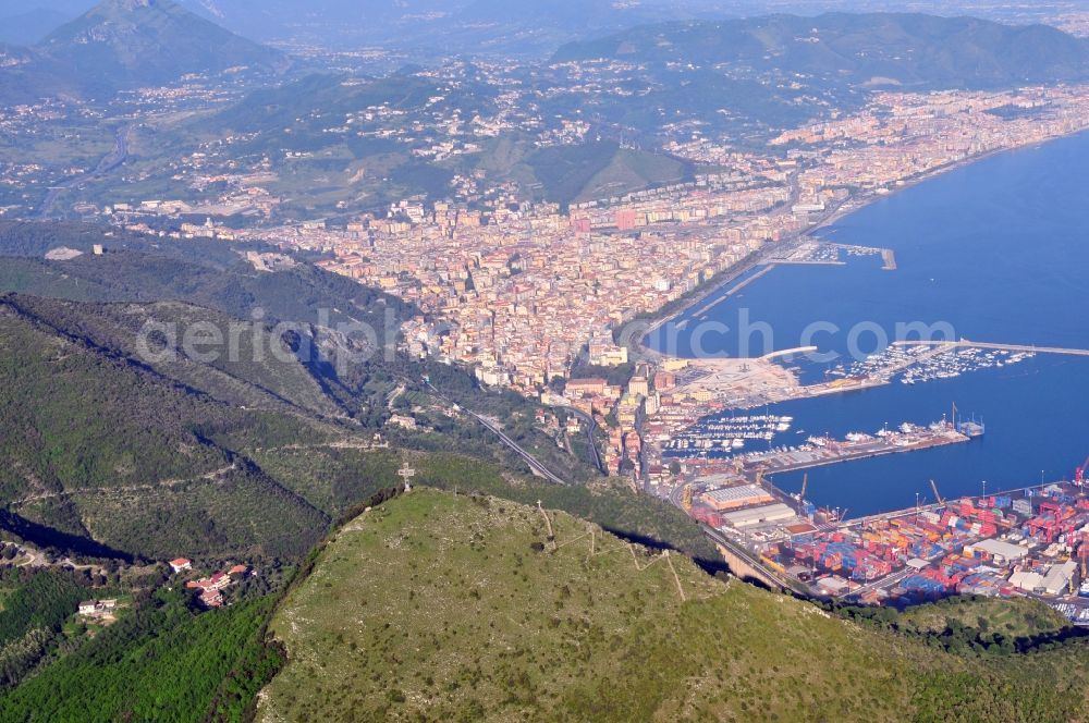 Aerial photograph Salerno - View of the mountains Monti Lattari at the city Salerno in the homonymous province in Italy