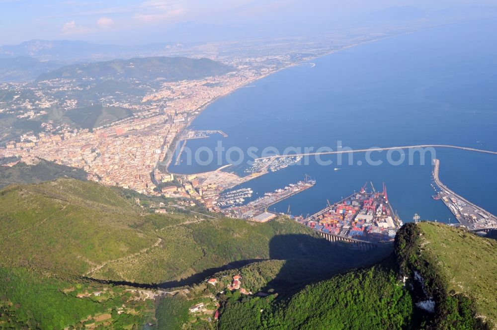 Salerno from the bird's eye view: View of the mountains Monti Lattari at the city Salerno in the homonymous province in Italy