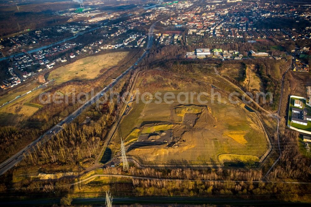 Herne from above - The slag heap Pluto-Wilhelm at the motorway A 42 in the coal mining area in the district Herne Wanne-Eickel in North Rhine-Westphalia