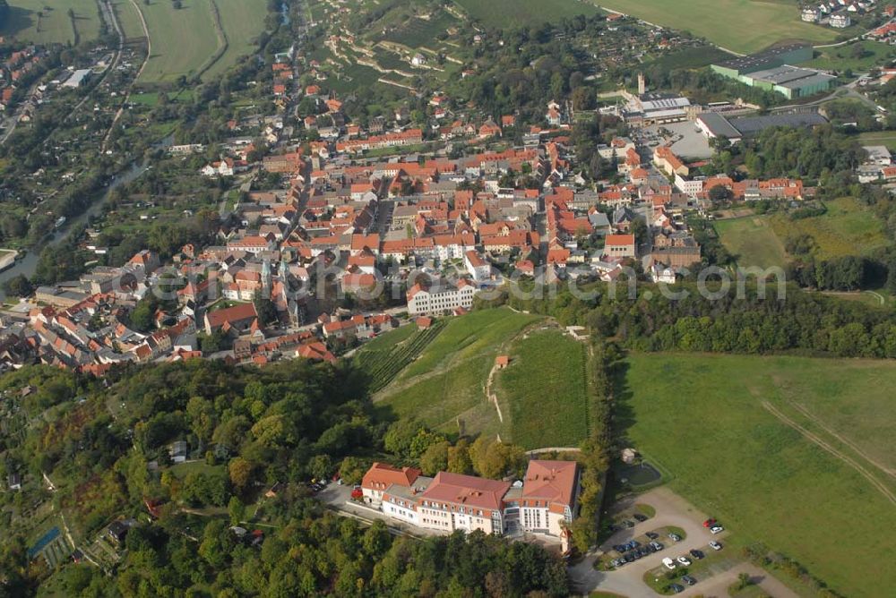 Freyburg/Unstrut from the bird's eye view: Blick auf das Berghotel zum Edelacker, das hoch über der Winzerstadt Freyburg gelegen ist. Das Hotel wurde 1996 eröffnet. Der Neubau entstand unter Einbeziehung der Ausflugsgaststätte Edelacker, die auf eine 100jährige Tradition zurückblicken kann. Kontakt: Berghotel zum Edelacker GmbH & Co. KG, Schloss 25, 06632 Freyburg/Unstrut; Tel.: 034464/ 35-0;