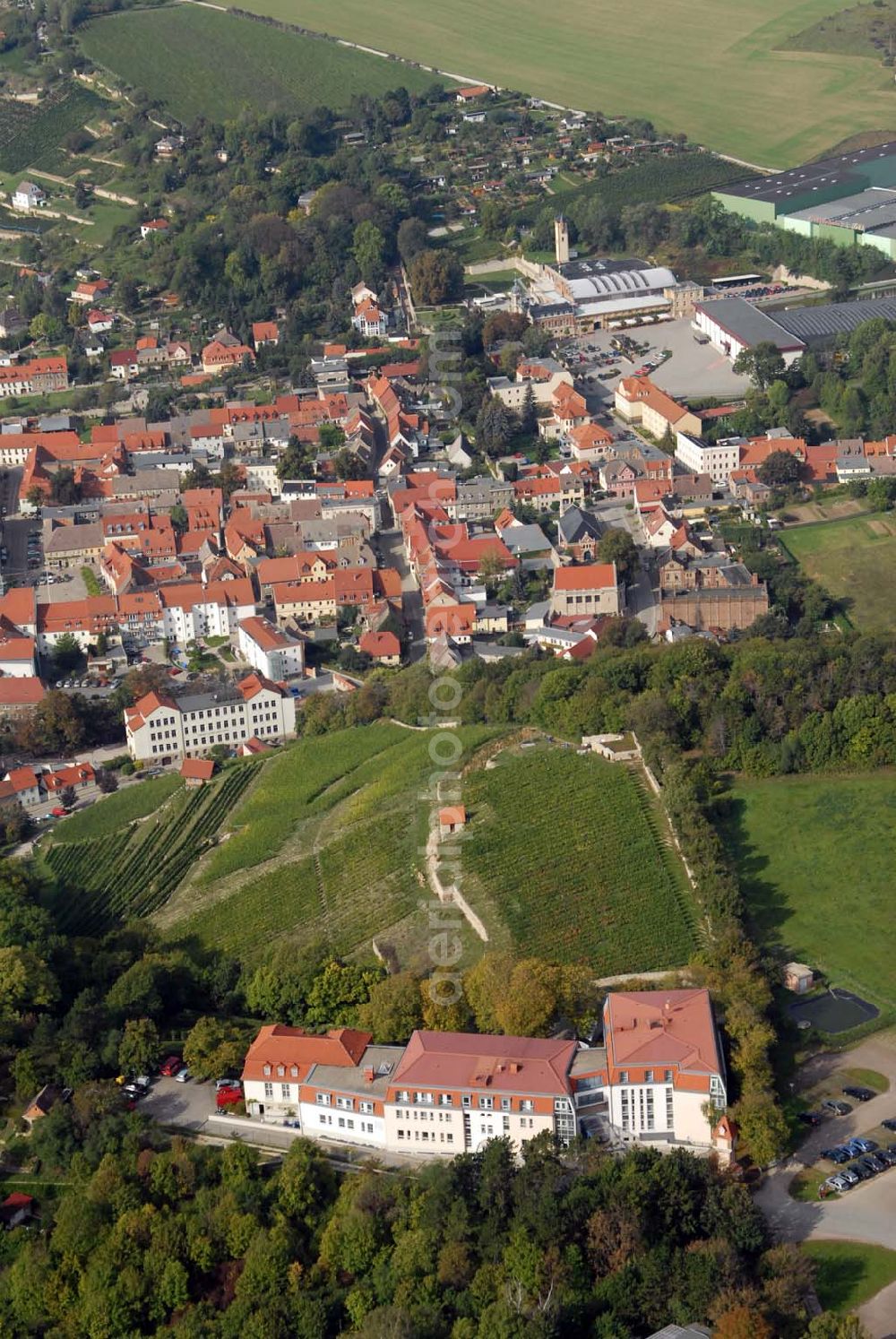 Aerial image Freyburg/Unstrut - Blick auf das Berghotel zum Edelacker, das hoch über der Winzerstadt Freyburg gelegen ist. Das Hotel wurde 1996 eröffnet. Der Neubau entstand unter Einbeziehung der Ausflugsgaststätte Edelacker, die auf eine 100jährige Tradition zurückblicken kann. Kontakt: Berghotel zum Edelacker GmbH & Co. KG, Schloss 25, 06632 Freyburg/Unstrut; Tel.: 034464/ 35-0;