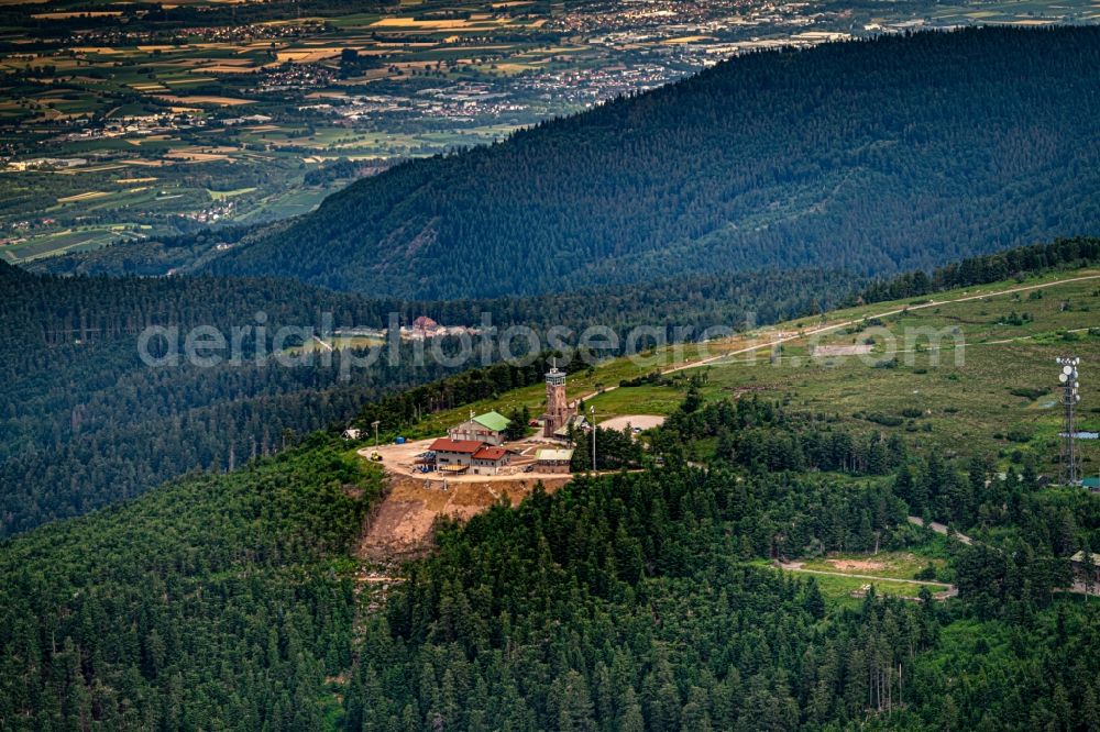 Aerial image Seebach - Rock and mountain landscape of Hirnisgrinde with dem Grindeturm and of alten Grindehuette in Seebach in the state Baden-Wurttemberg, Germany