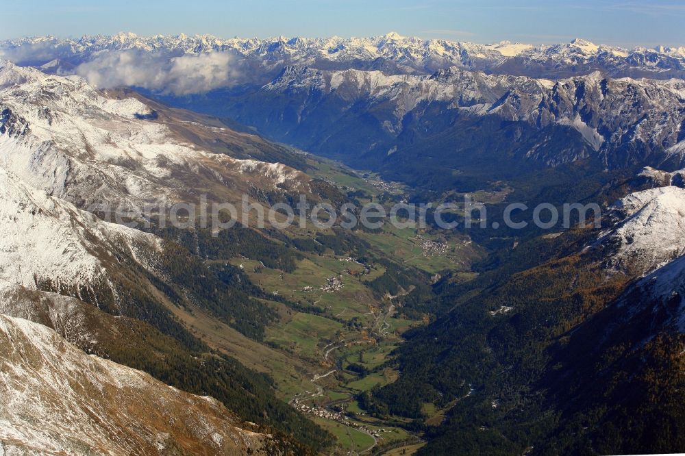 Zernez from the bird's eye view: Mountains of the Swiss Alps at the Inn valley with the districts Lavin, Guarda and Ardez in the landscape in Zernez in the canton Grisons, Switzerland