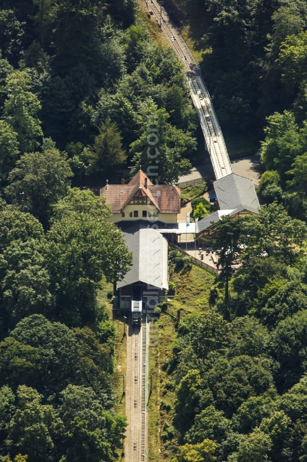 Heidelberg from above - Mountain corridor and train station of the old Koenigstuhlbahn in Heidelberg in Baden-Wuerttemberg