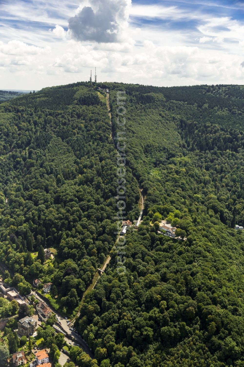 Heidelberg from the bird's eye view: Mountain corridor and train station of the old Koenigstuhlbahn in Heidelberg in Baden-Wuerttemberg