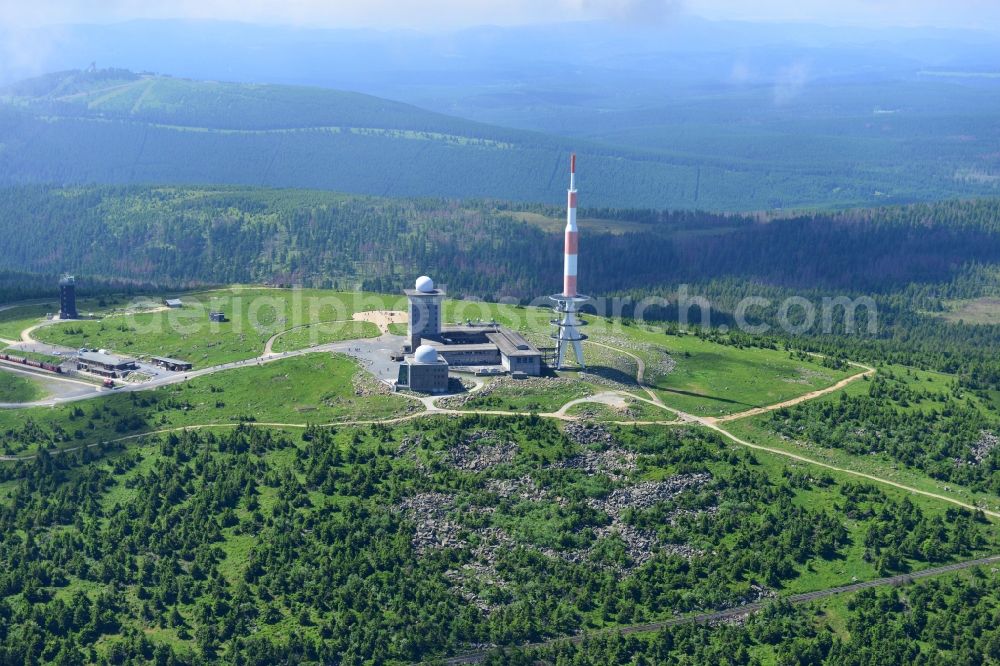 Aerial image Brocken - View of the mountain peak of the Brocken in the Harz - Mountains in the state of Saxony-Anhalt. The rock band the Brocken is designated as a national park and nature reserve. The radio and transmitter towers of Deutsche Telekom are visible from afar 