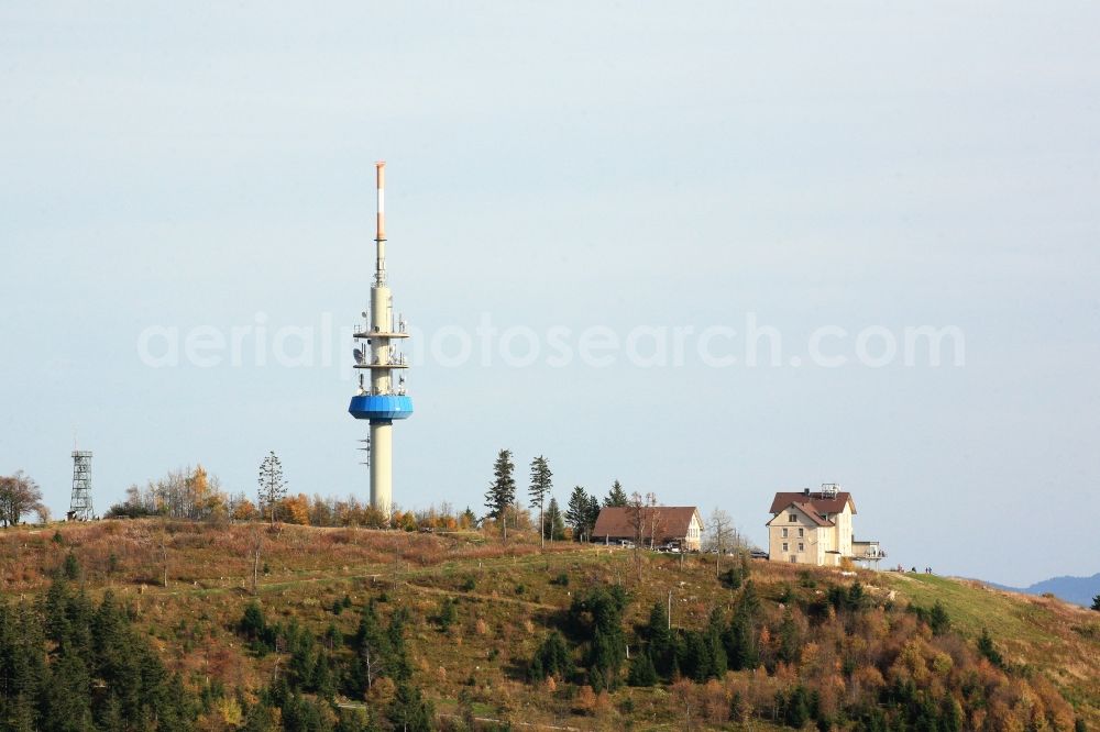 Badenweiler from above - The mountain Hochblauen (also called Blauen) in the Black Forest near Badenweiler in the state of Baden-Wuerttemberg. Mountain hotel and television tower on top of the mountain dominate the landscape in the southern part of the Black Forest