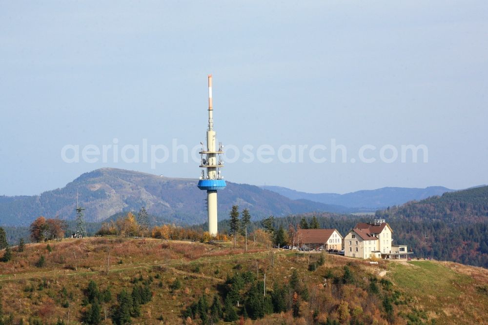 Badenweiler from the bird's eye view: The mountain Hochblauen (also called Blauen) in the Black Forest near Badenweiler in the state of Baden-Wuerttemberg. Mountain hotel and television tower on top of the mountain dominate the landscape in the southern part of the Black Forest