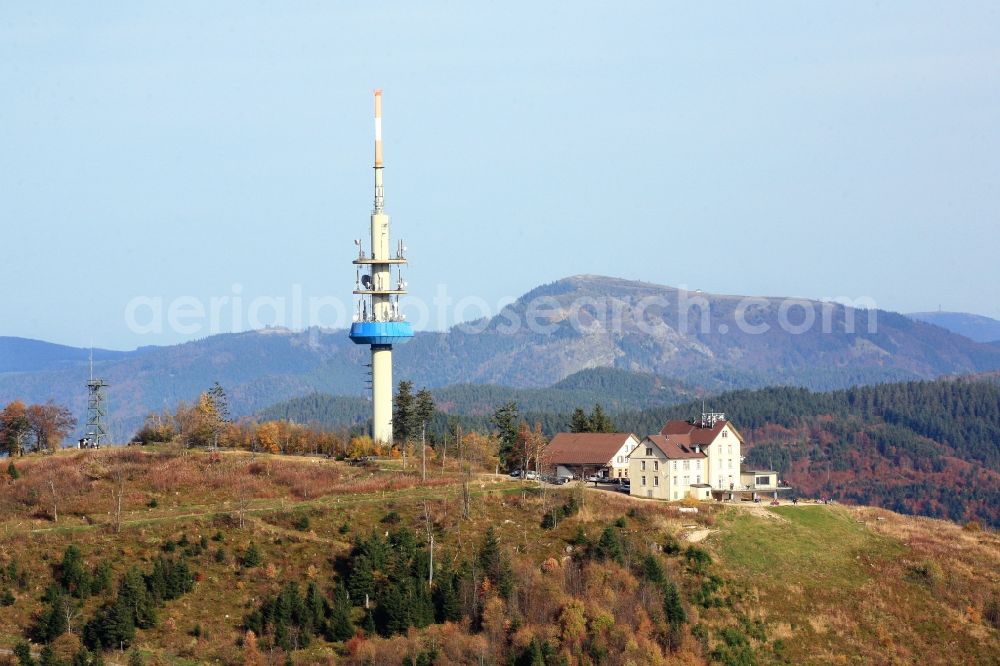 Aerial image Badenweiler - The mountain Hochblauen (also called Blauen) in the Black Forest near Badenweiler in the state of Baden-Wuerttemberg. Mountain hotel and television tower on top of the mountain dominate the landscape in the southern part of the Black Forest