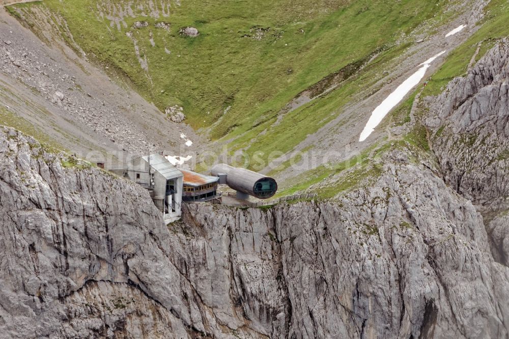 Mittenwald from the bird's eye view: Mountain station and telescope on Karwendelbahn in Mittenwald in the state Bavaria, Germany