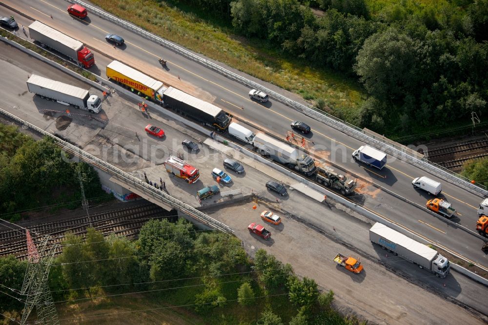 Hamm Rhynern from above - Salvage and cleanup after a truck - collision on the motorway A2 motorway in Hamm Rhynern in North Rhine-Westphalia