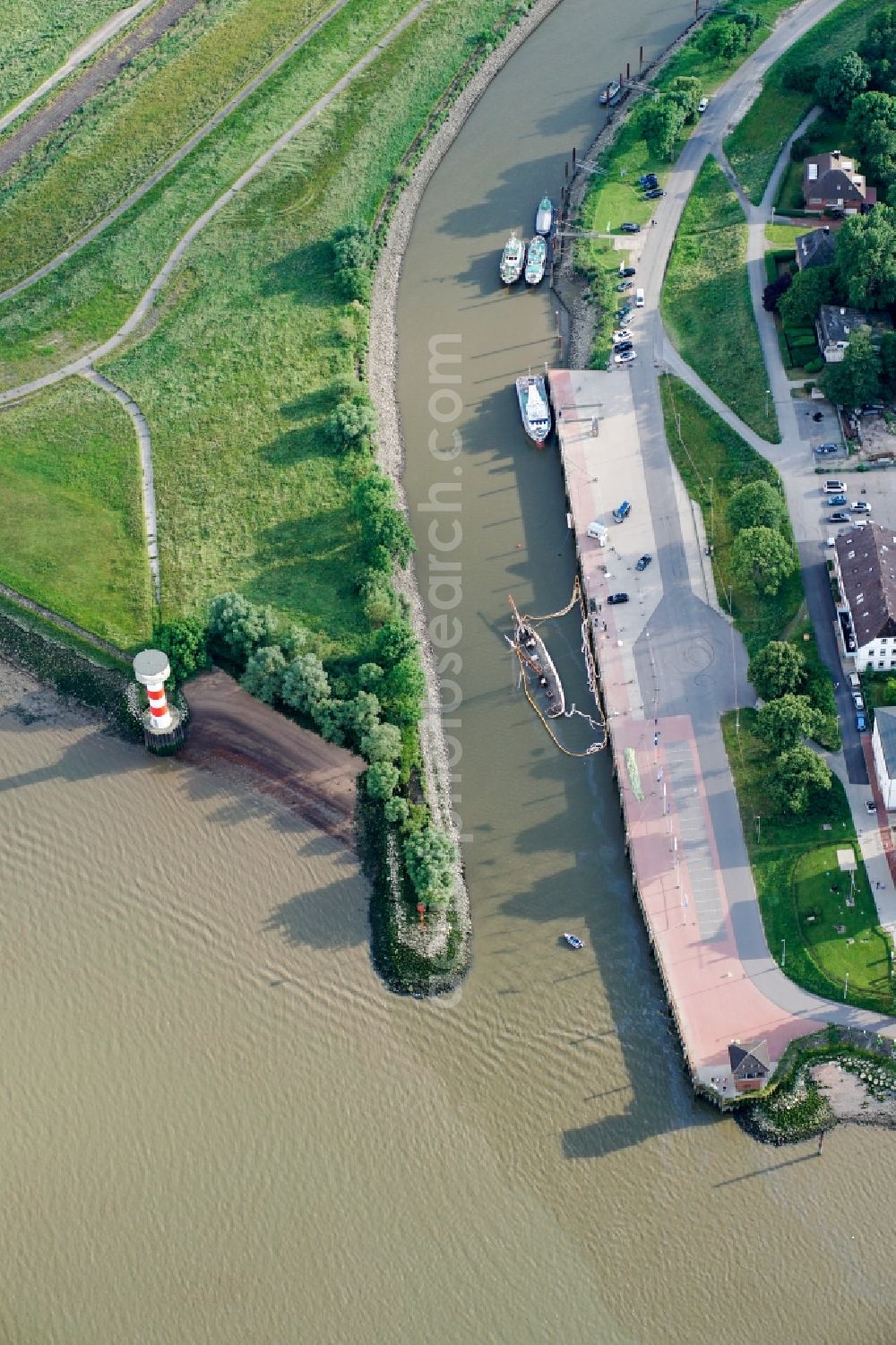 Stade from above - Salvage processing on ship - wreck of the historic two-master, the sunken pilot schooner No 5 Elbe in Stade in the state Lower Saxony, Germany