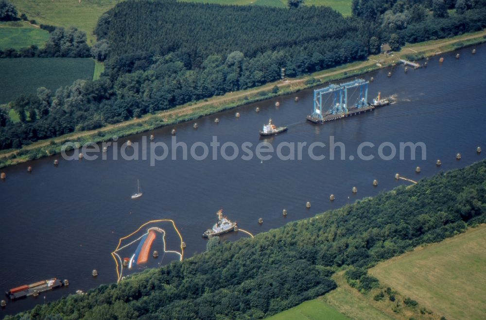 Aerial image Dückerswisch - Salvage processing on ship - wreck Scrap freighter UNO in the Canal in Dueckerswisch in the state Schleswig-Holstein, Germany