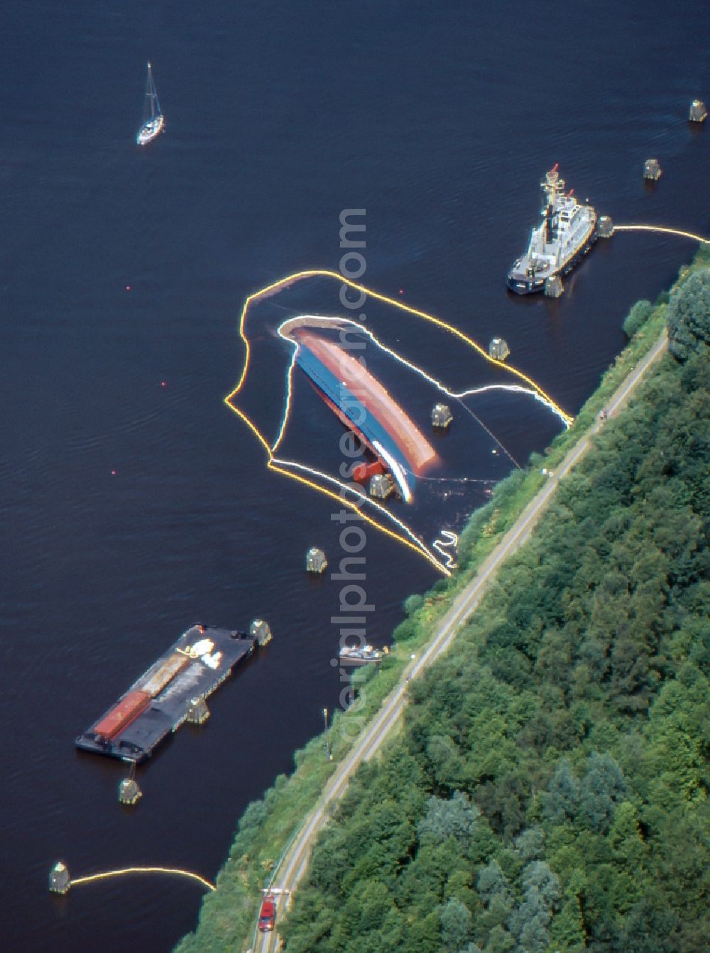 Dückerswisch from above - Salvage processing on ship - wreck Scrap freighter UNO in the Canal in Dueckerswisch in the state Schleswig-Holstein, Germany