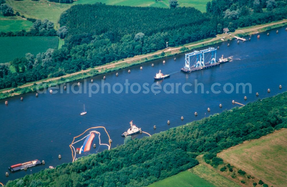 Aerial image Dückerswisch - Salvage processing on ship - wreck Scrap freighter UNO in the Canal in Dueckerswisch in the state Schleswig-Holstein, Germany