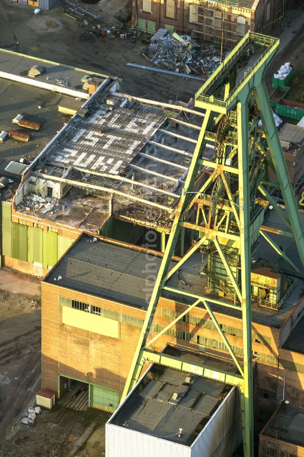 Dinslaken from above - Mine Lohberg with the building from the shaft 2 and the winding tower at Dinslaken in the Ruhr area in North Rhine-Westphalia