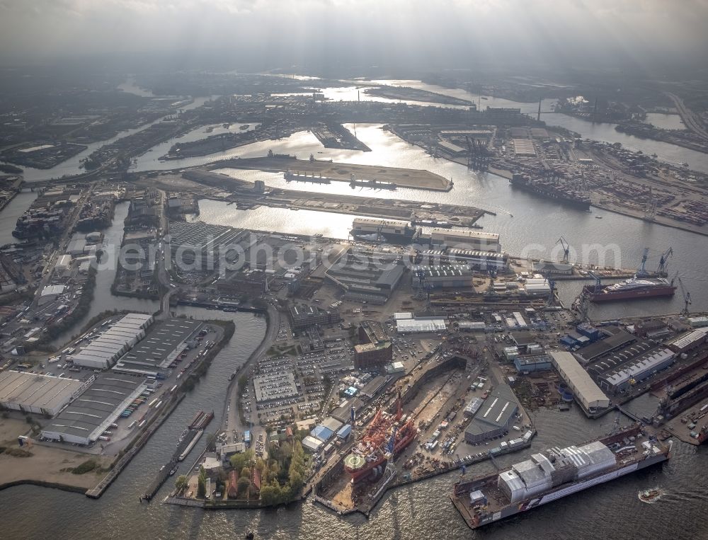 Hamburg from the bird's eye view: View of overhaul and maintenance work on the research vessel Petrojarl Banff in dry dock of Blohm and Voss Dock Elbe in Hamburg. The dry dock Elbe 17 is one of the largest dry dock in Europe. It is located on the grounds of the Blohm + Voss shipyard in Hamburg harbor