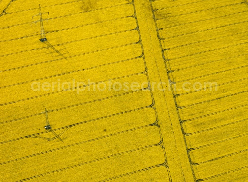 Aerial photograph Zerben - Transmission lines and acres in the county district of Elbe-Parey in the state of Saxony-Anhalt. The high voltage power lines are set up along the fields and acres in the district and the region. The different sizes, geometries and structures of the various fields are very well visible