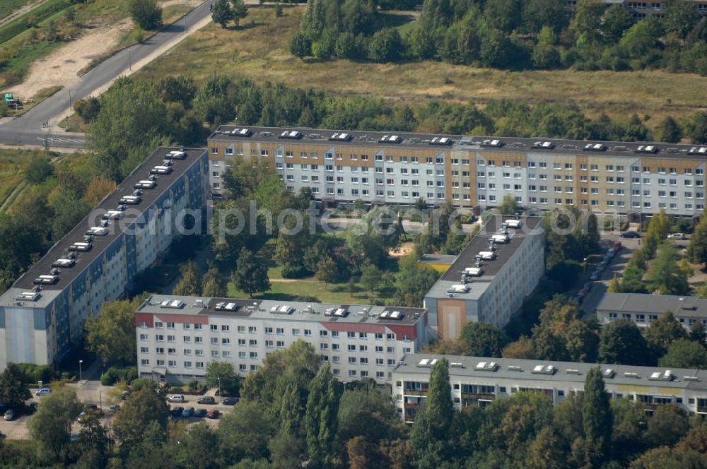 Aerial photograph Berlin - Blick auf Mehrfamilienhäuser / Plattenbauten an der Karower Chaussee in Berlin-Buch.