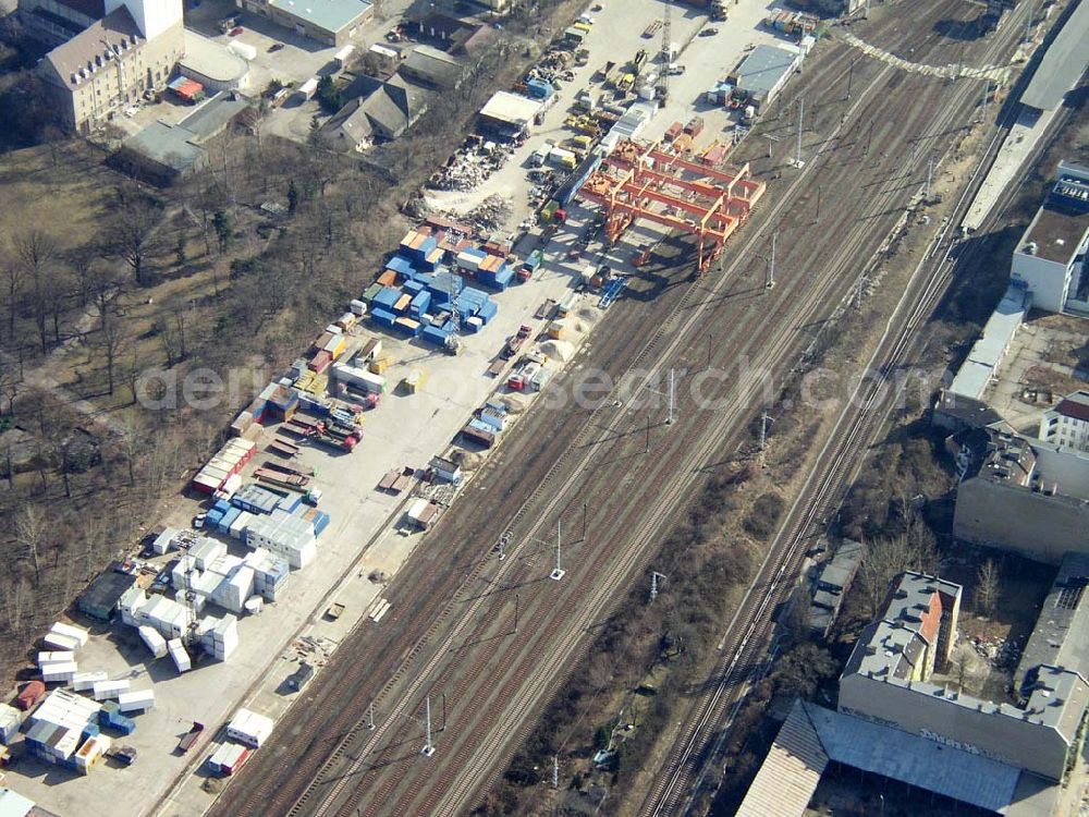 Berlin - Friedrichshain from above - 16.03.2003 Berlin - Friedrichshain Containerbahnhof am S-Bahnhof Frankfurter Allee in Berlin-Friedrichshain