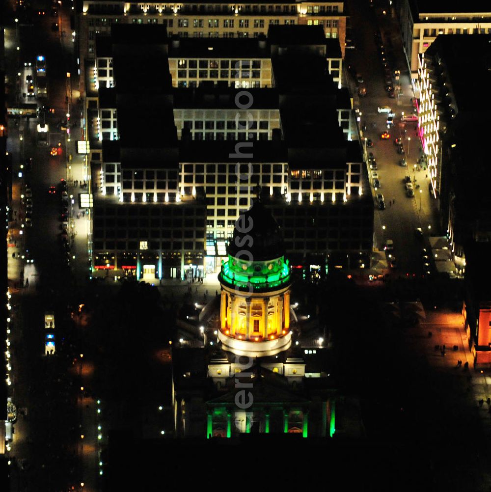 Aerial image Berlin - Nachtaufnahme: Blick auf den Gendarmenmarkt mit dem dem Deutschen Dom mit Beleuchtung anläßlich des Festival of Lights. Night Shot: View at the Gendarmenmarkt with the German Cathedral with illumination at the Festival of Lights.