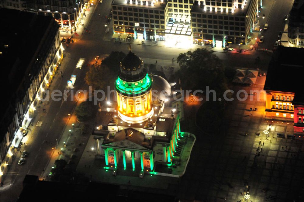 Berlin from above - Nachtaufnahme: Blick auf den Gendarmenmarkt mit dem dem Deutschen Dom mit Beleuchtung anläßlich des Festival of Lights. Night Shot: View at the Gendarmenmarkt with the German Cathedral with illumination at the Festival of Lights.