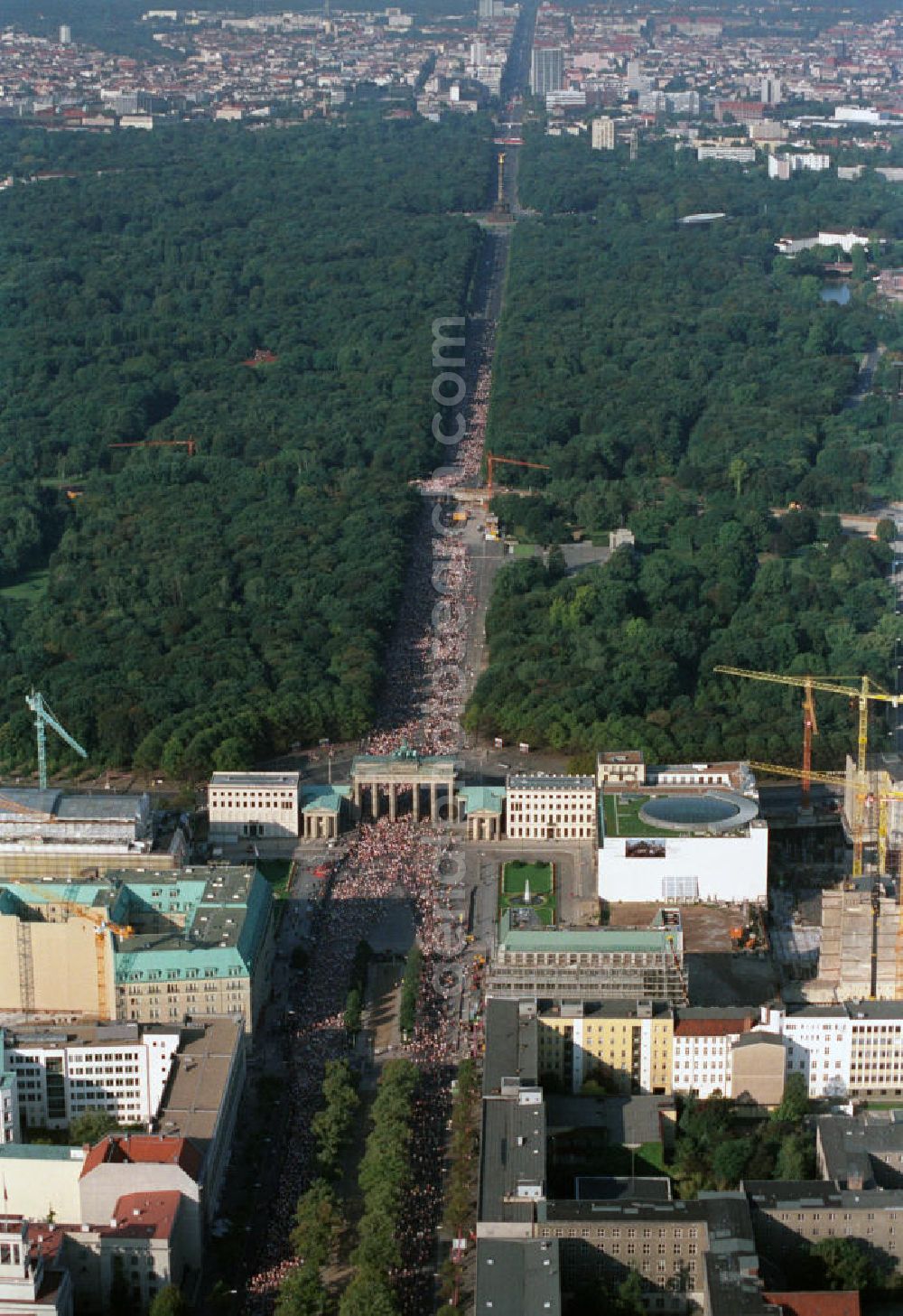 Berlin Mitte from the bird's eye view: Berlin-Marathon am Brandenburger Tor, Pariser Platz, Straße des 17. Juni und der Tiergarten. Berlin-marathon at the Brandenburg Gate, the public square Pariser Platz, the 17 June Street and the park Tiergarten.