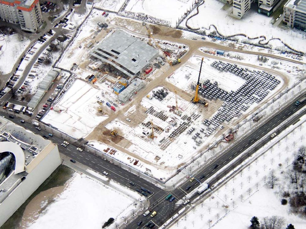 Aerial image Berlin - 22.01.2004 Berlin-Mitte Baustelle des Holocaust-Denkmal am ehemaligen Grenzstreifen an der Wilhelmstraße, am Brandenburger Tor