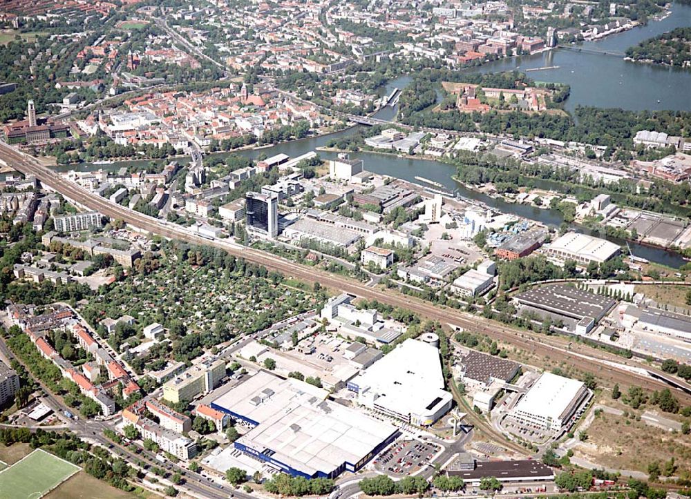 Aerial photograph Berlin - Spandau - Berlin Spandau Blick auf das IKEA-Gelände (Möbelhaus; Kundenparkhaus) an der Charlottenburger Chaussee in Berlin Spandau;