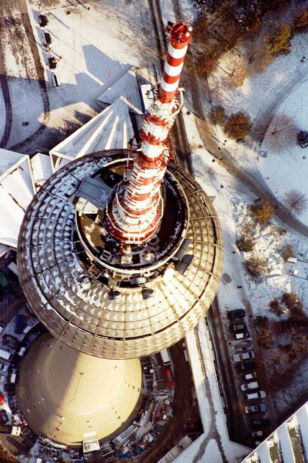 Aerial image Berlin - Berliner Fernsehturm am Alex im Winter.